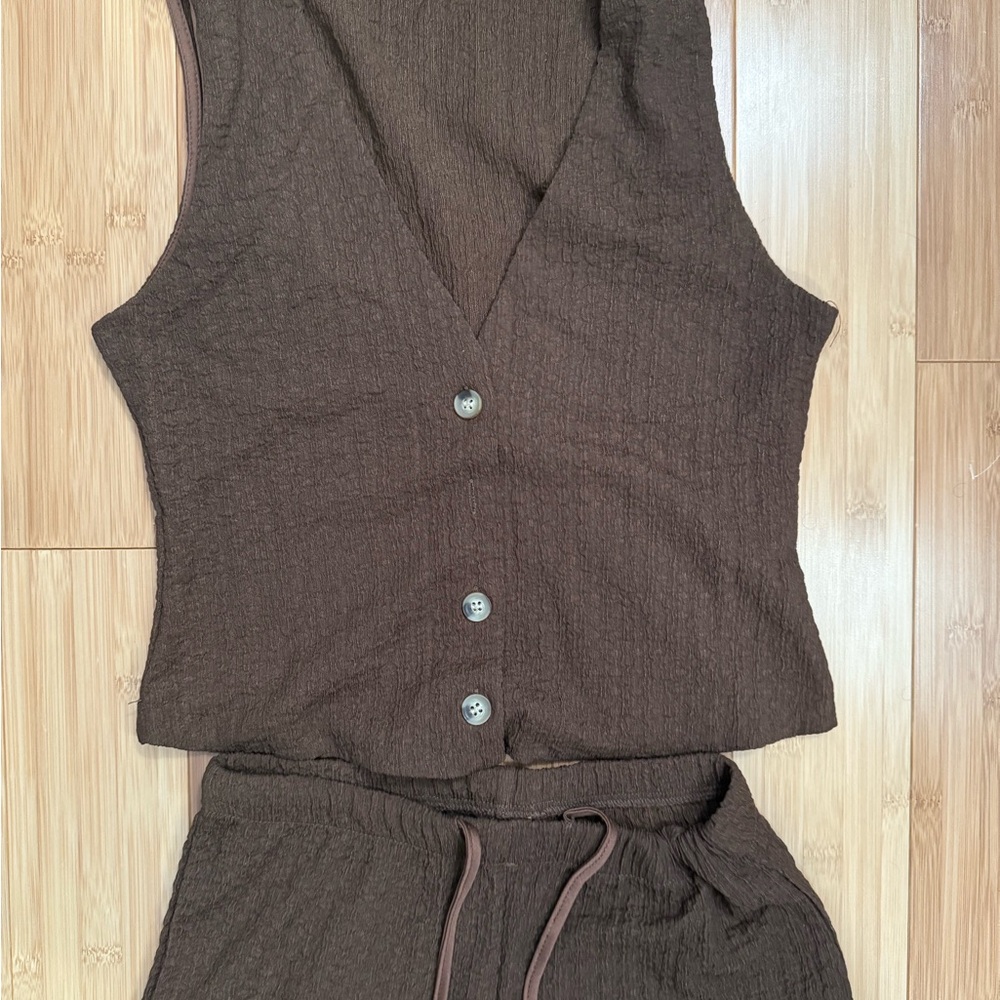 Brown Button-Up Vest and Pants Set